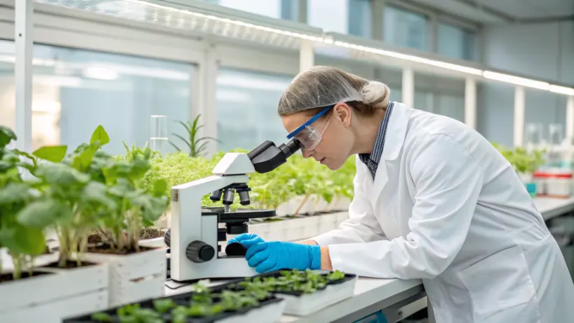 Agricultural scientist conducting crop research in modern laboratory with plant samples and scientific equipment