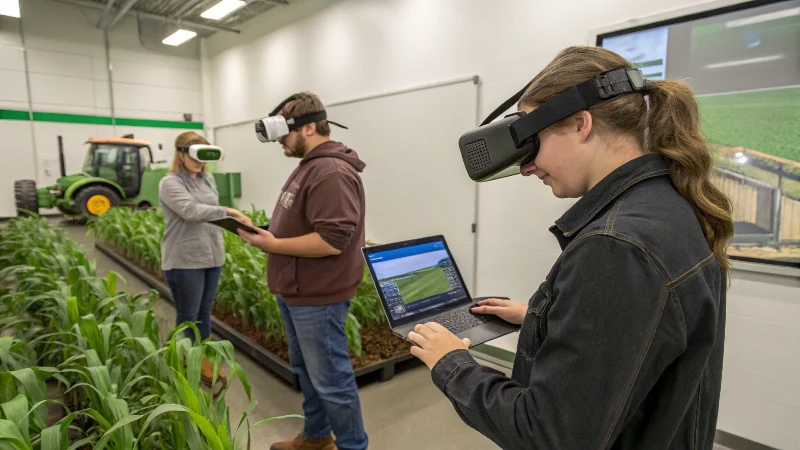 Agricultural students using tablet computers and virtual reality equipment for precision farming training