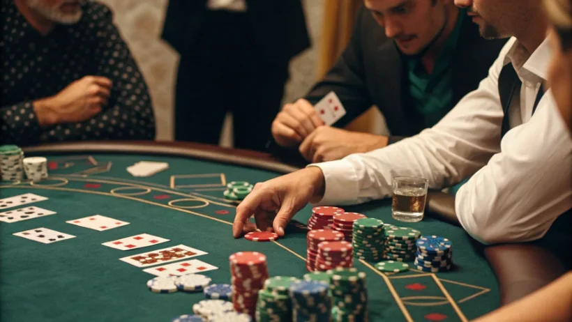 Poker table with cards and chips during an intense game