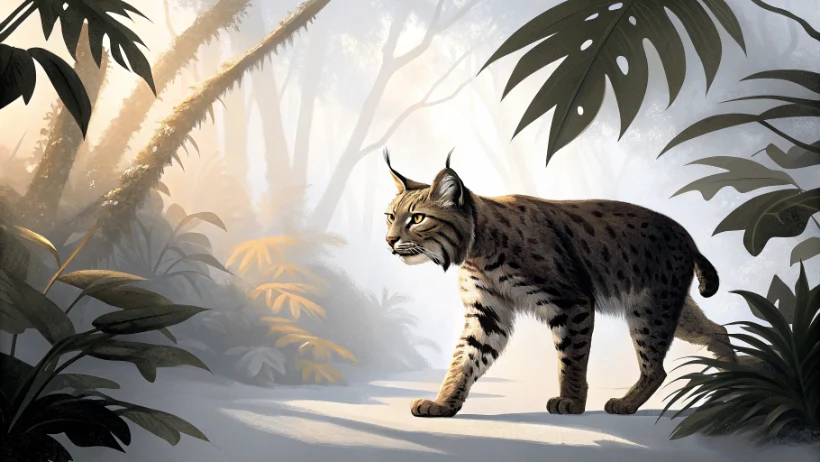 A lone wildcat moving cautiously through dense tropical island undergrowth, dappled light filtering through broad leaves overhead